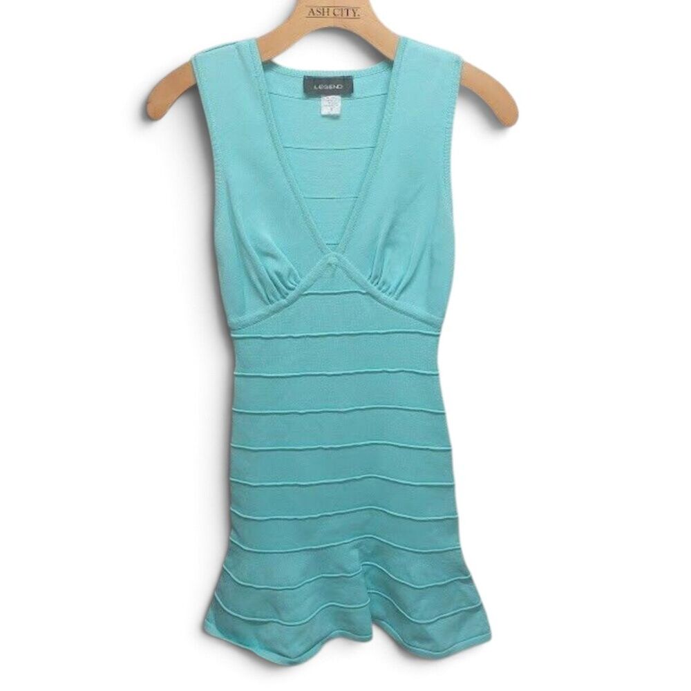 Vintage Legend Aqua Teal Bandage Dress Fit & Flare Deep V-Neck Mini Dress